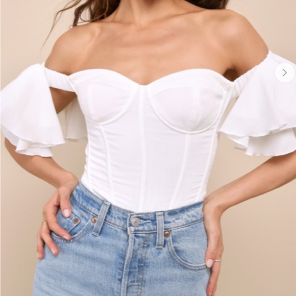 LULUS Bridal Shower Brunch Bachelorette Chic Sexy Flirty Flutter Sleeve Bodysuit - Picture 3 of 6